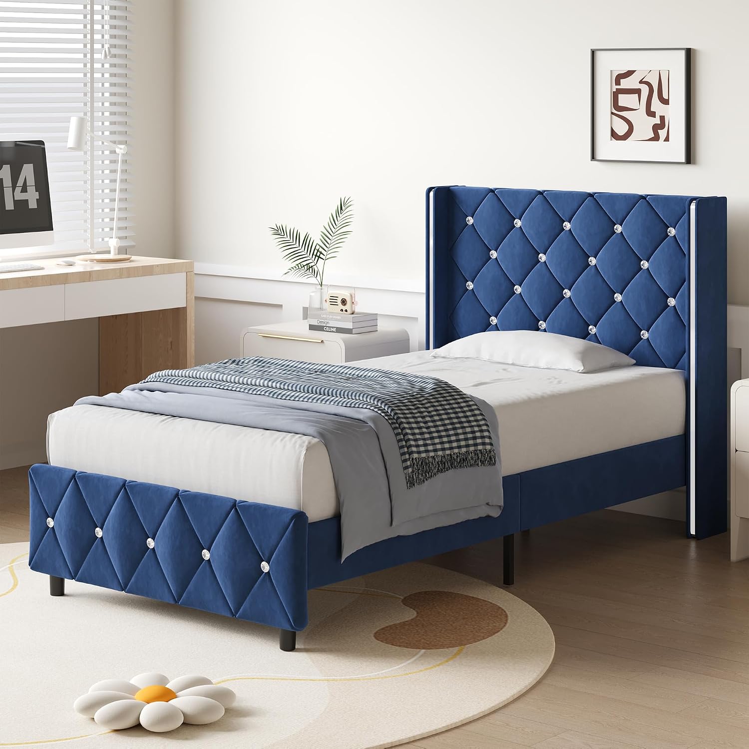 Lullabyre Twin Size Bed Frame, Upholstered Bed Frame with Diamond Tufted Headboard, Modern Silverside Wingback, No Box Spring Needed, Easy Assembly, Blue