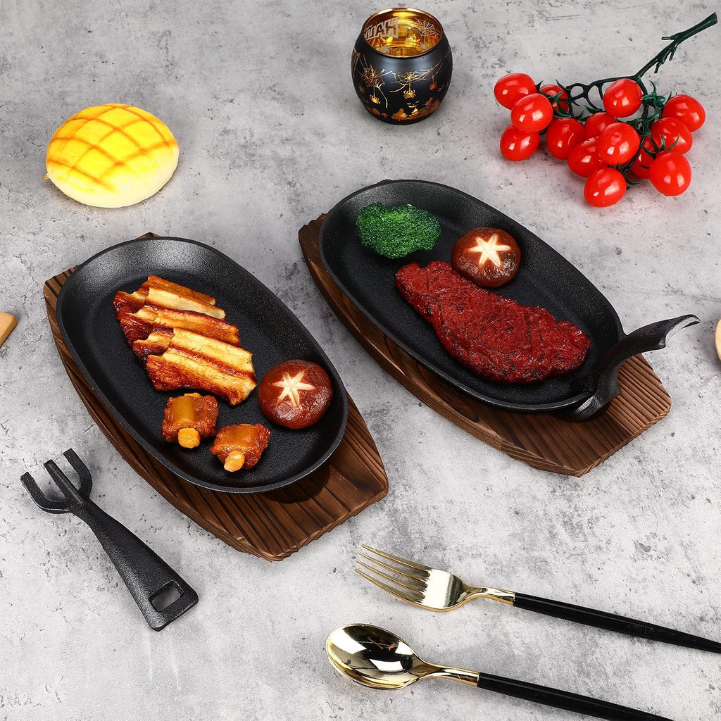 Mifoci 12 Pcs Oval Cast Iron Fajita Skillet Pan Set Small Sizzling Steak Plate with Wooden Base and Handle Cast Iron Fajita Skillet Sizzling Plate for Home Resturant (9.5 in x 5.5 in, Natural Wood)