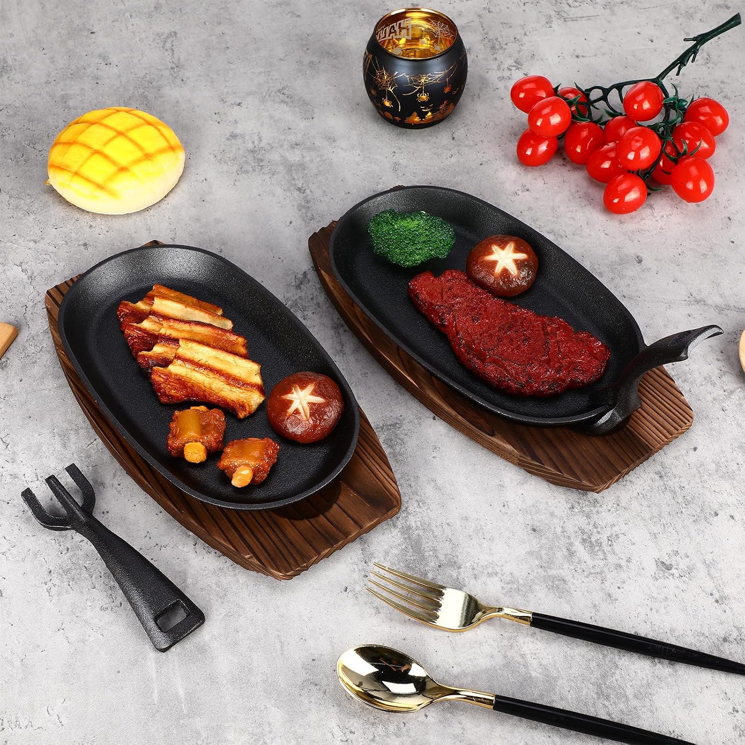 Mifoci 12 Pcs Oval Cast Iron Fajita Skillet Pan Set Small Sizzling Steak Plate with Wooden Base and Handle Cast Iron Fajita Skillet Sizzling Plate for Home Resturant (9.5 in x 5.5 in, Natural Wood)
