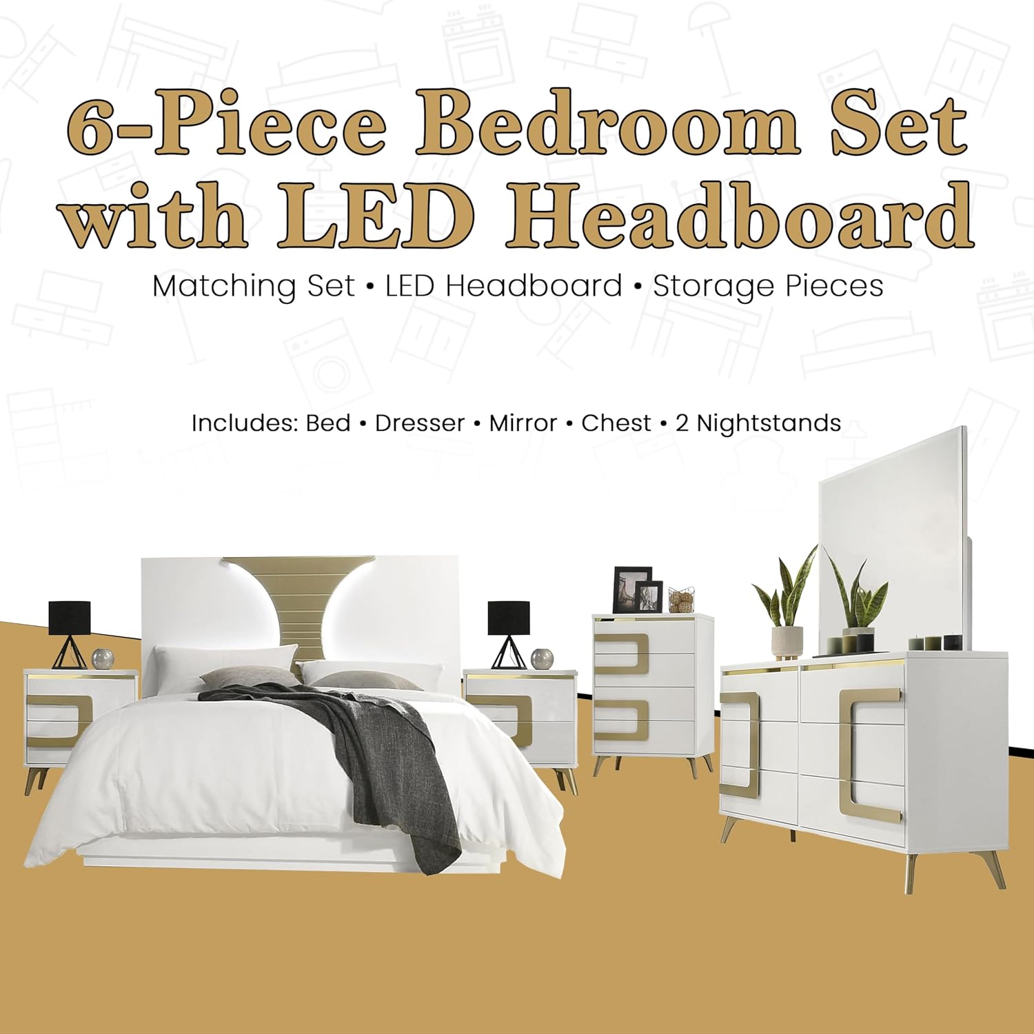 Kings Brand Furniture Claire 6-Piece King Size Bedroom Set - Bed with LED Headboard, Dresser, Mirror, Chest and 2 Nightstands, White/Gold