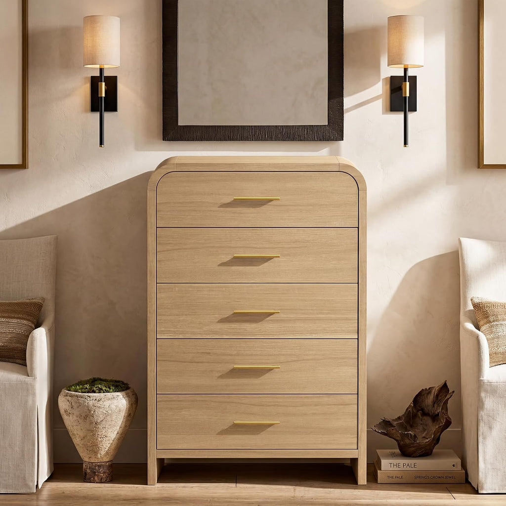 Curved 5-Drawer Dresser for Bedroom, 45.59' Tall Modern Chest of Drawers, Wooden Chest of Drawers for Living Room, Closet Storage Organizer Furniture, Nursery, Hallway, Oak