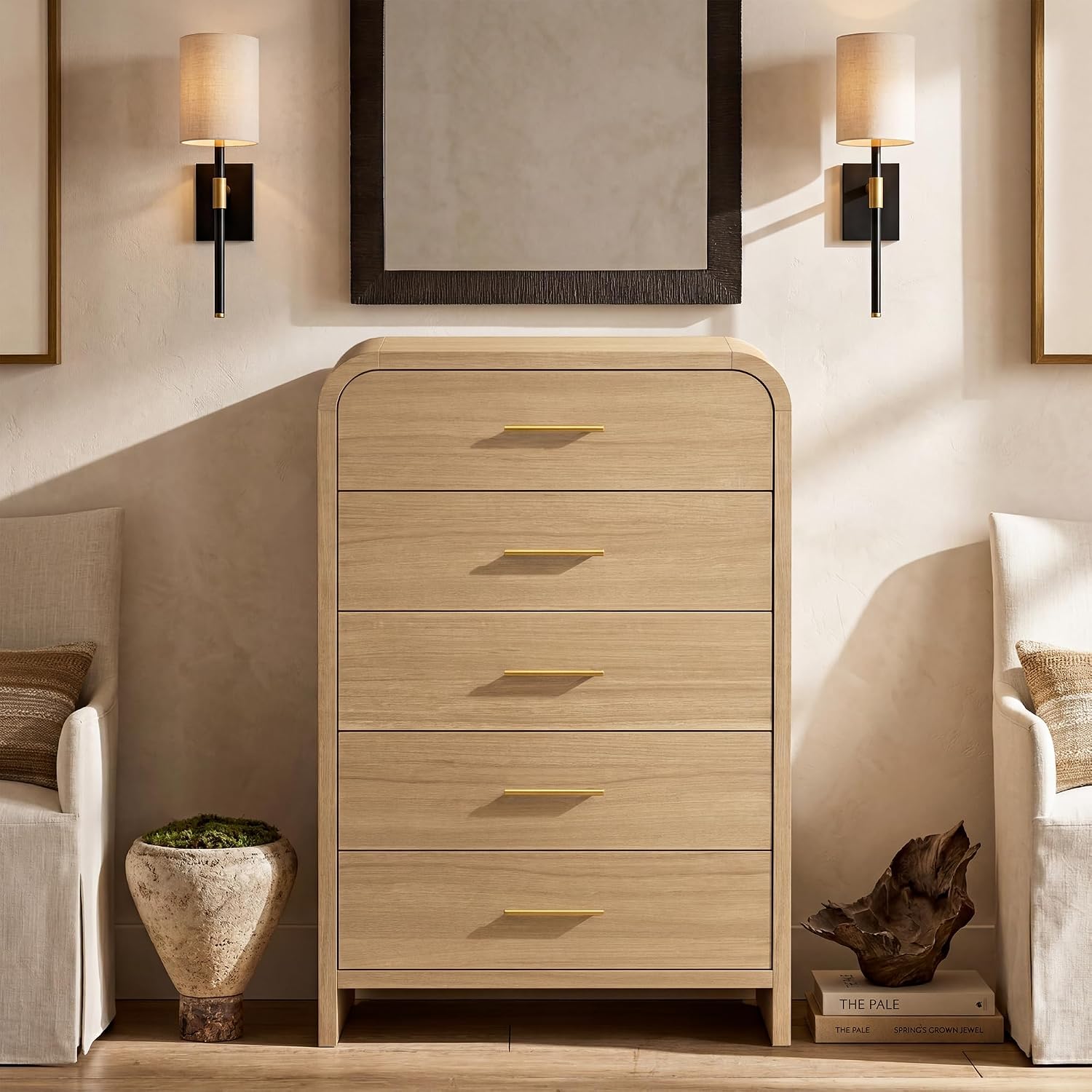 Curved 5-Drawer Dresser for Bedroom, 45.59' Tall Modern Chest of Drawers, Wooden Chest of Drawers for Living Room, Closet Storage Organizer Furniture, Nursery, Hallway, Oak
