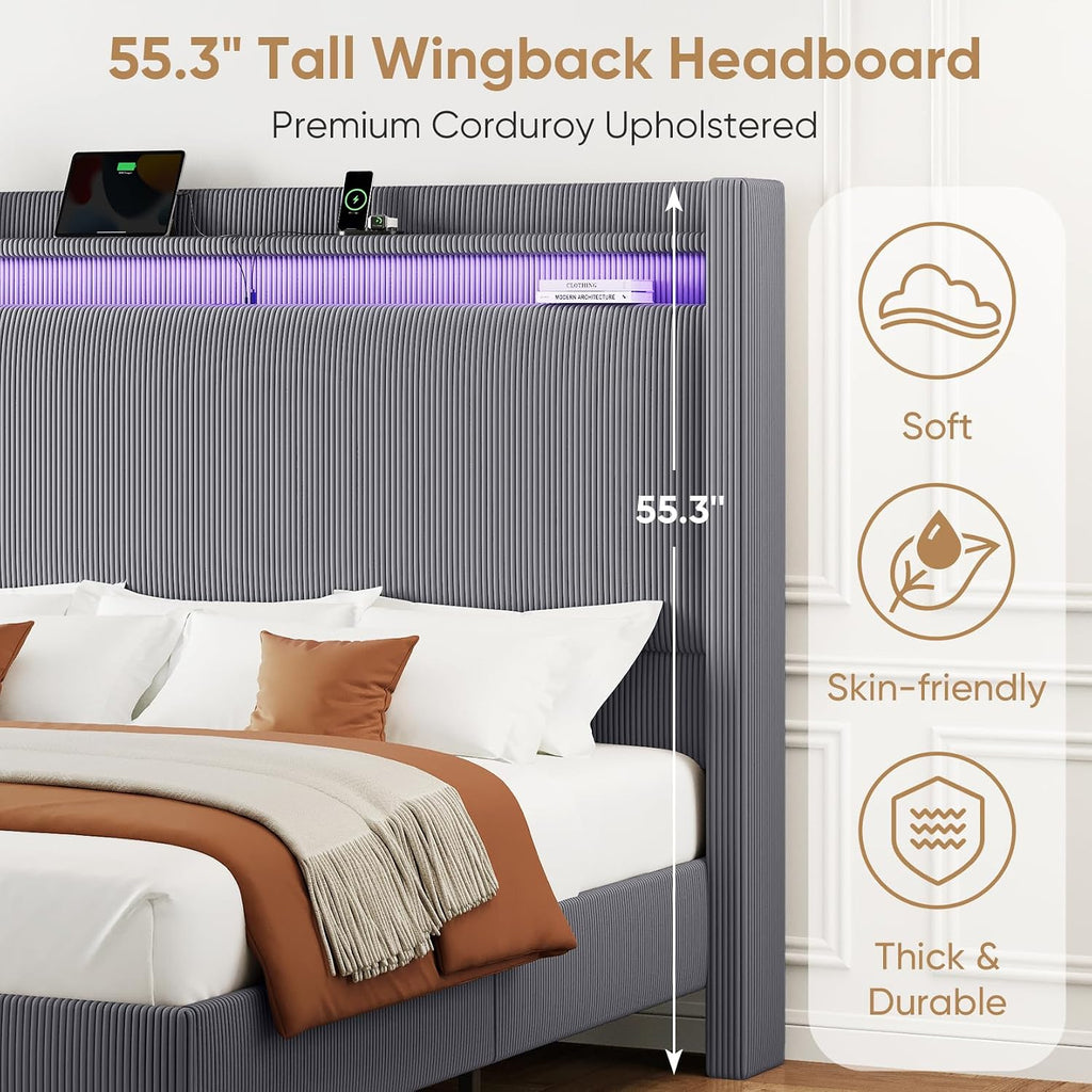 King Bed Frame with 55.3' Tall Headboard, Corduroy Upholstered Platform Bed with LED Lights & Charging Station, Wingback Storage Headboard, Solid Wood Slats,Noise Free,No Box Spring Needed,Dark Grey