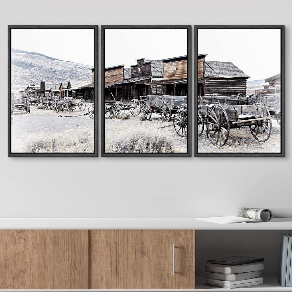 wall26 Framed Canvas Print Wall Art Set Wild West Texas Wooden Wagons Nature Wilderness Photography Realism Rustic Scenic Relax/Calm Multicolor for Living Room, Bedroom, Office - 24'x36'x3 Black