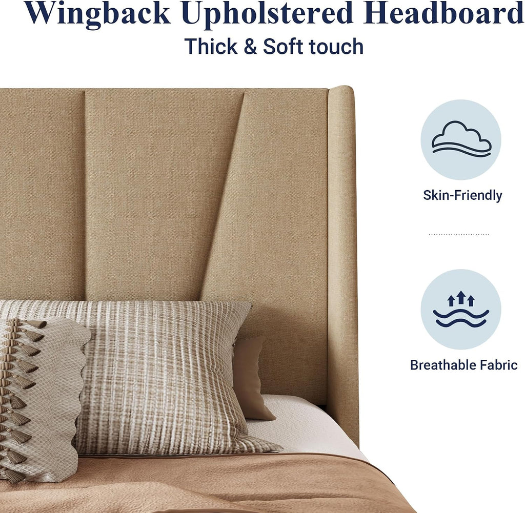 Allewie King Size Platform Bed Frame with Geometric Wingback Headboard, Boho Upholstered Bed with Wooden Slats Support, No Box Spring Needed, Easy Assembly, Beige