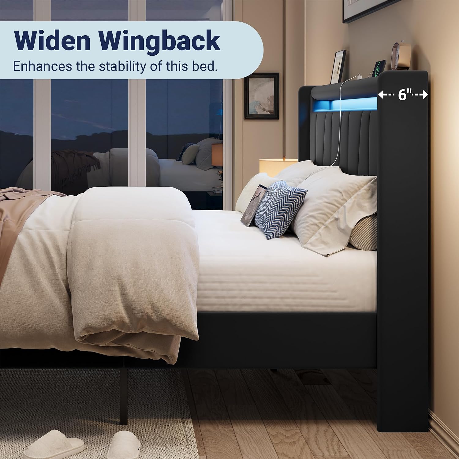 Allewie King Size LED Bed Frame with Charging Station, Velvet Upholstered Platform Bed with Geometric Wingback Headboard, Modern Frame with No Box Spring Needed, Easy Assembly, Black
