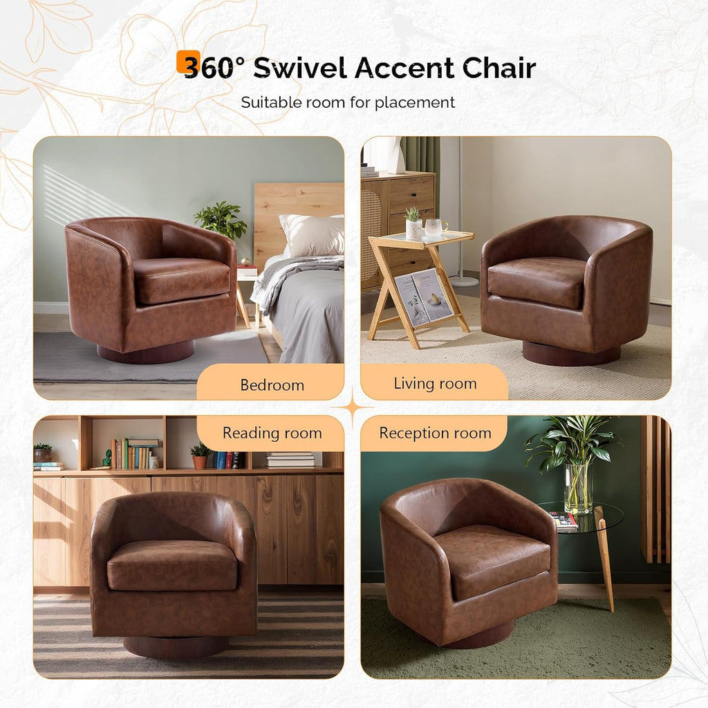 VINGLI 360°Swivel Accent Chairs Set of 2 with Engineered Wood Base and Removable Cushion for Living Room, Bedroom, Curved Back Barrel Chairs for Small Space, Upholstered Bucket Armchairs, Pu-Brown