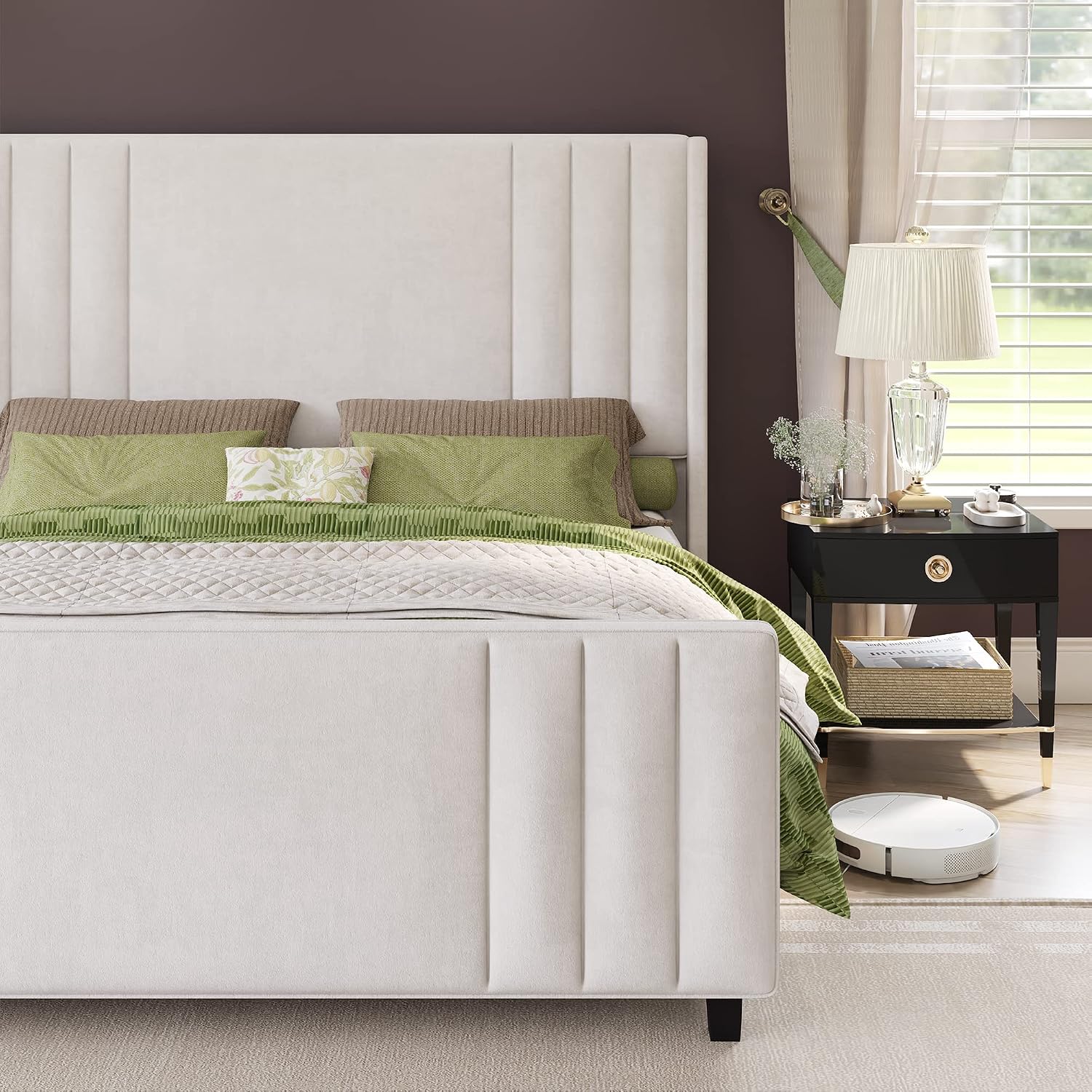 AMERLIFE King Size Bed Frame, Velvet Upholstered Platform Bed with Vertical Channel Tufted Headboard & Footboard/Wingback, Mattress Foundation with Wood Slats, No Box Spring Needed, Cream