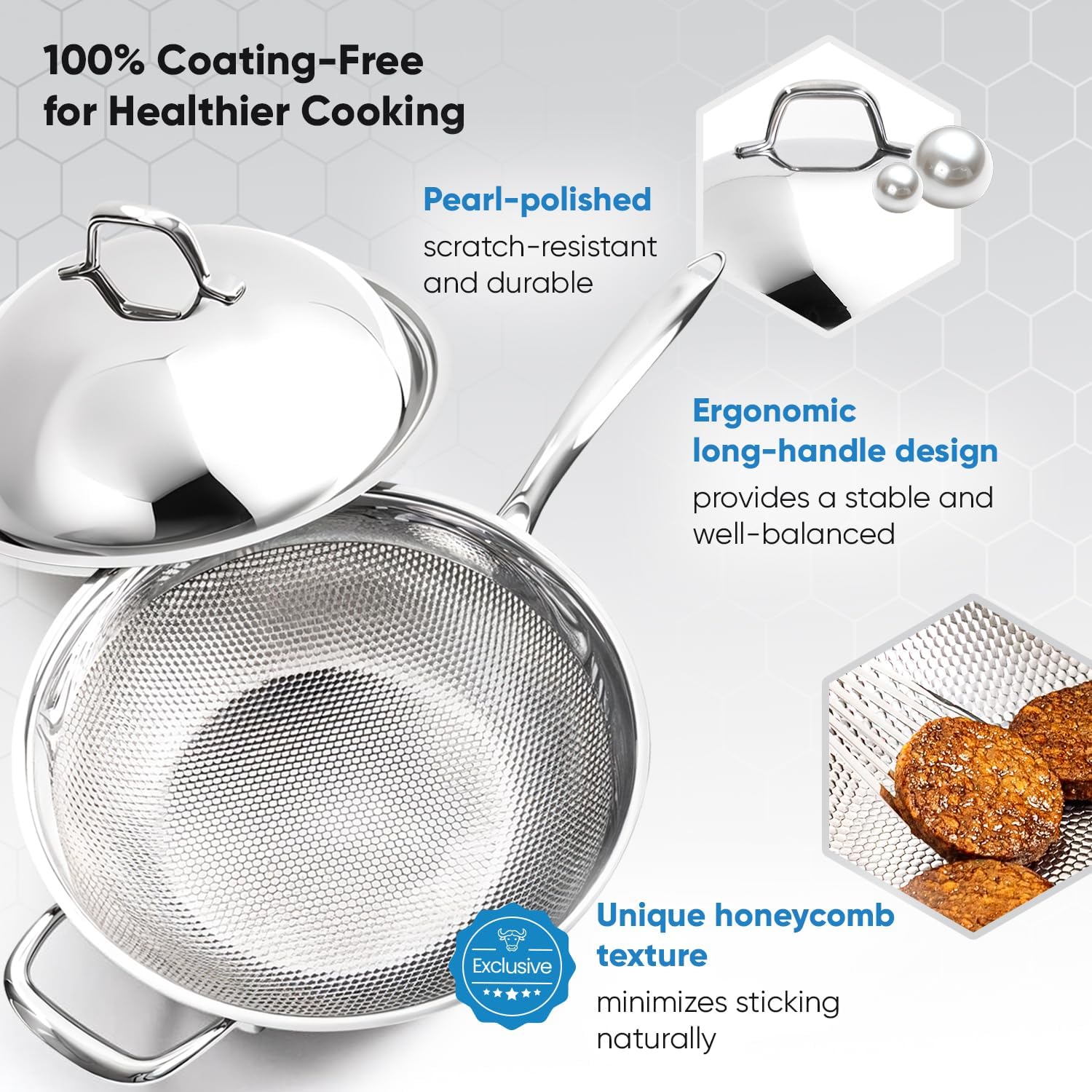 BUFFALO Honeycomb 3ply Stainless Steel Wok Pan 11 inch/28cm with Lid Flat Bottom - Coating-Free Non-stick Stir Fry Pan - Advanced, Scratch-Resistant Design with Stay-Cool Long Handle