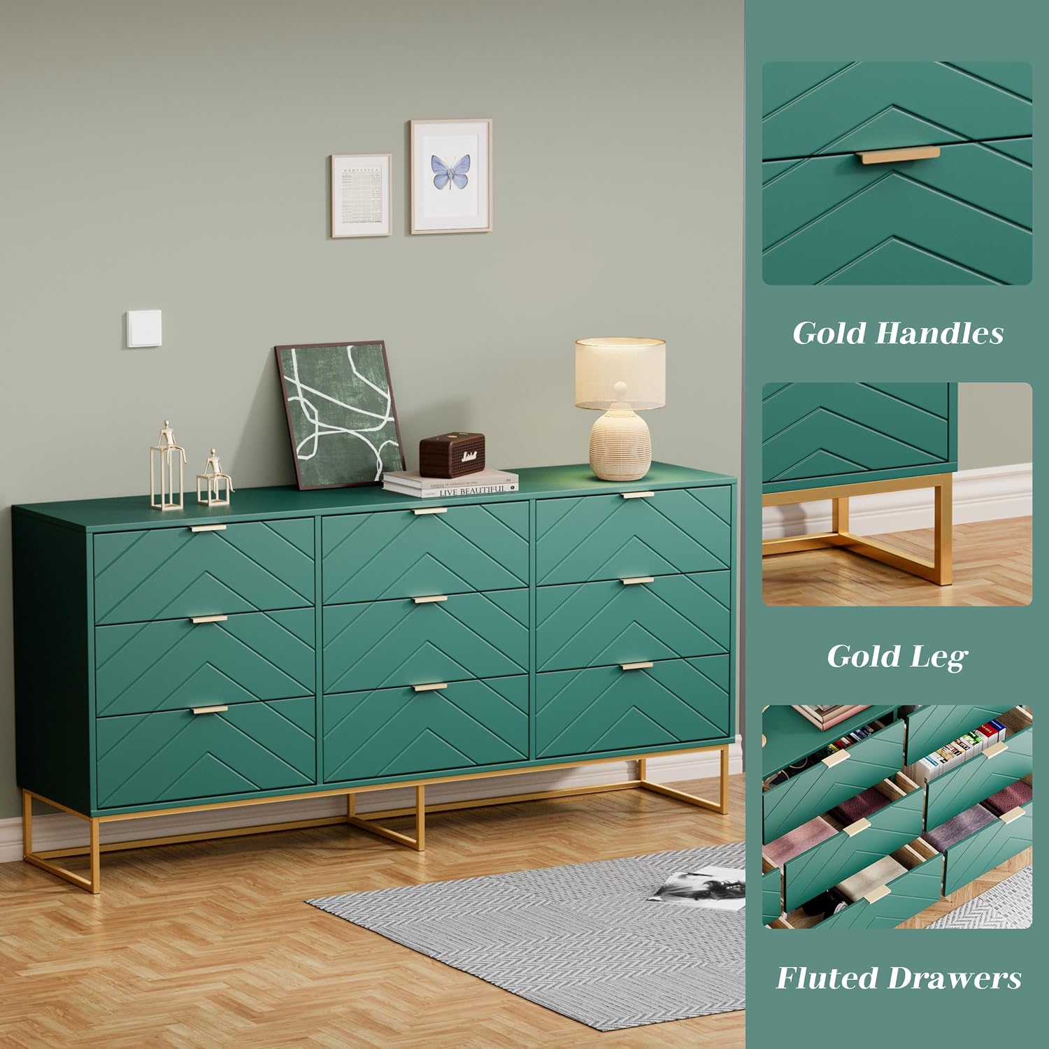 Anbuy 9 Drawer Dresser and Nightstand Sets for Bedroom, Night Stand Set of 2 & 9 Drawer Dresser with Gold Handles, 3 Pieces Bedroom Sets, Morden Wood Chest of Drawers Storage Cabinet Set, Green