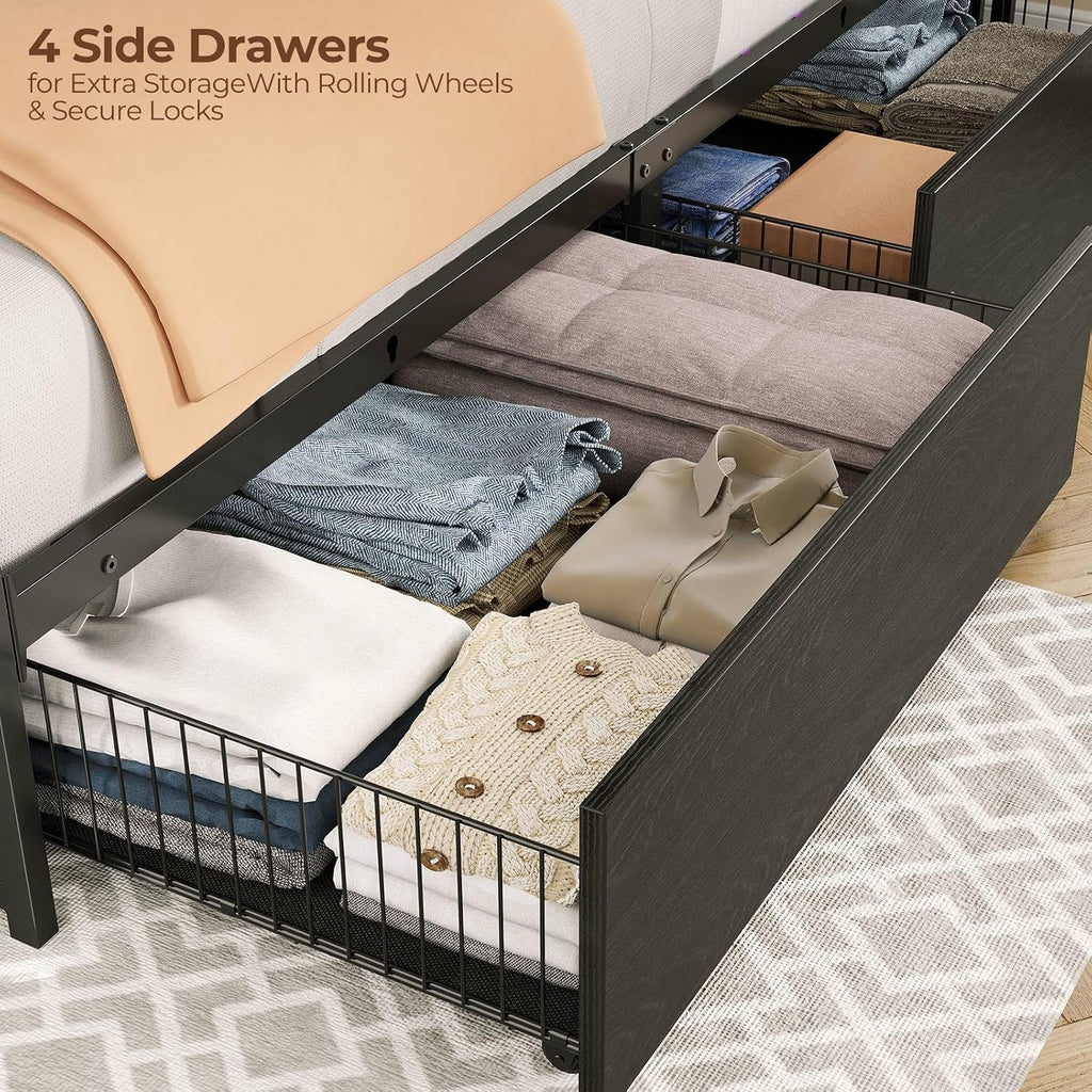 Rolanstar Full Size Bed Frame with 4 Storage Drawers & 2-Tier Storage Headboard, Metal Platform Bed Frame with Charging Station & LED Lights, Noise-Free, No Box Spring Needed, Easy Assembly, Black Oak