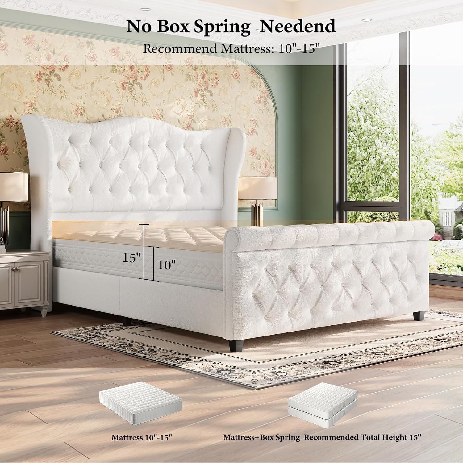 koorlian Queen Size Bed Frame,Chenille Upholstered Sleigh Bed with Scroll Wingback Headboard & Footboard,Luxury & Soft Button Tufted Queen Modern Bed,Easy Assembly,No Box Spring Needed