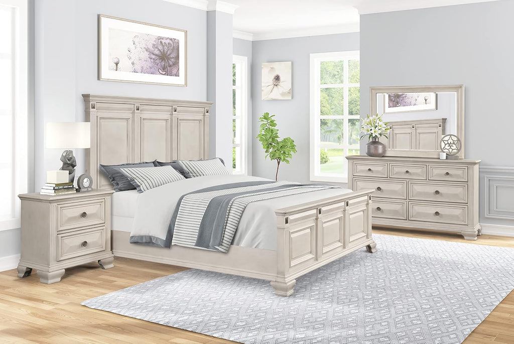 Roundhill Furniture Renova Distressed Parchment Wood Bedroom Set, Panel Bed, Dresser, Mirror, Nightstand, King