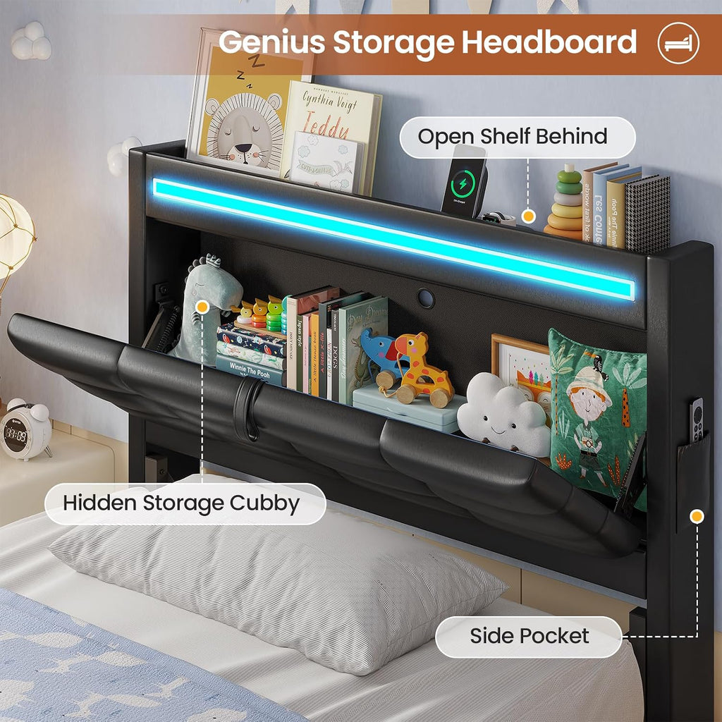 ADORNEVE Twin Bed Frames with Storage Headboard & 4 Drawers, LED Bed Frame with Charging Station, Upholstered Twin Size Platform Bed for Kids, No Box Spring Needed, Black PU