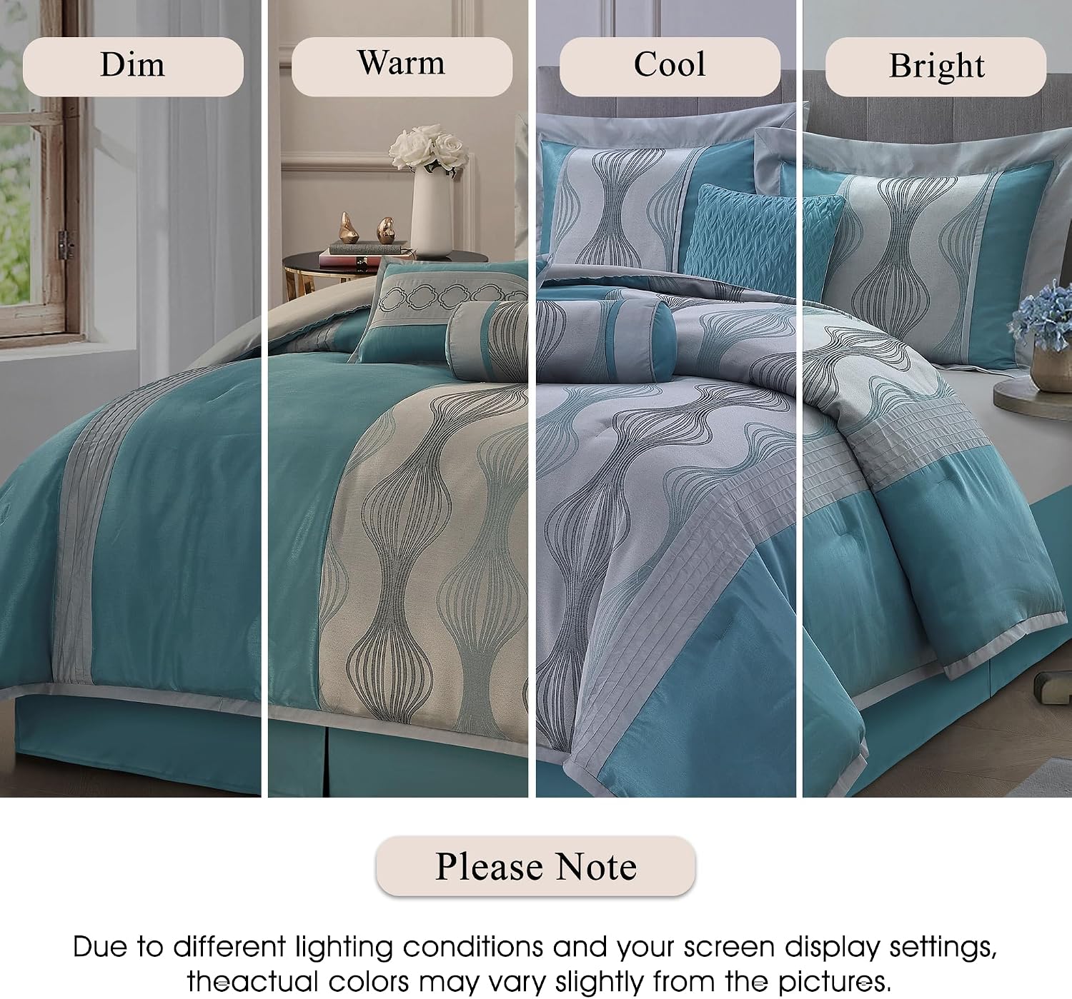 Stratford Park 7 Piece Blue Comforter Set, King Size Jacquard Bedding Set, All Season Geometric Patchwork Bedding Set, Matching Pillows, Shams, Bed Skirt