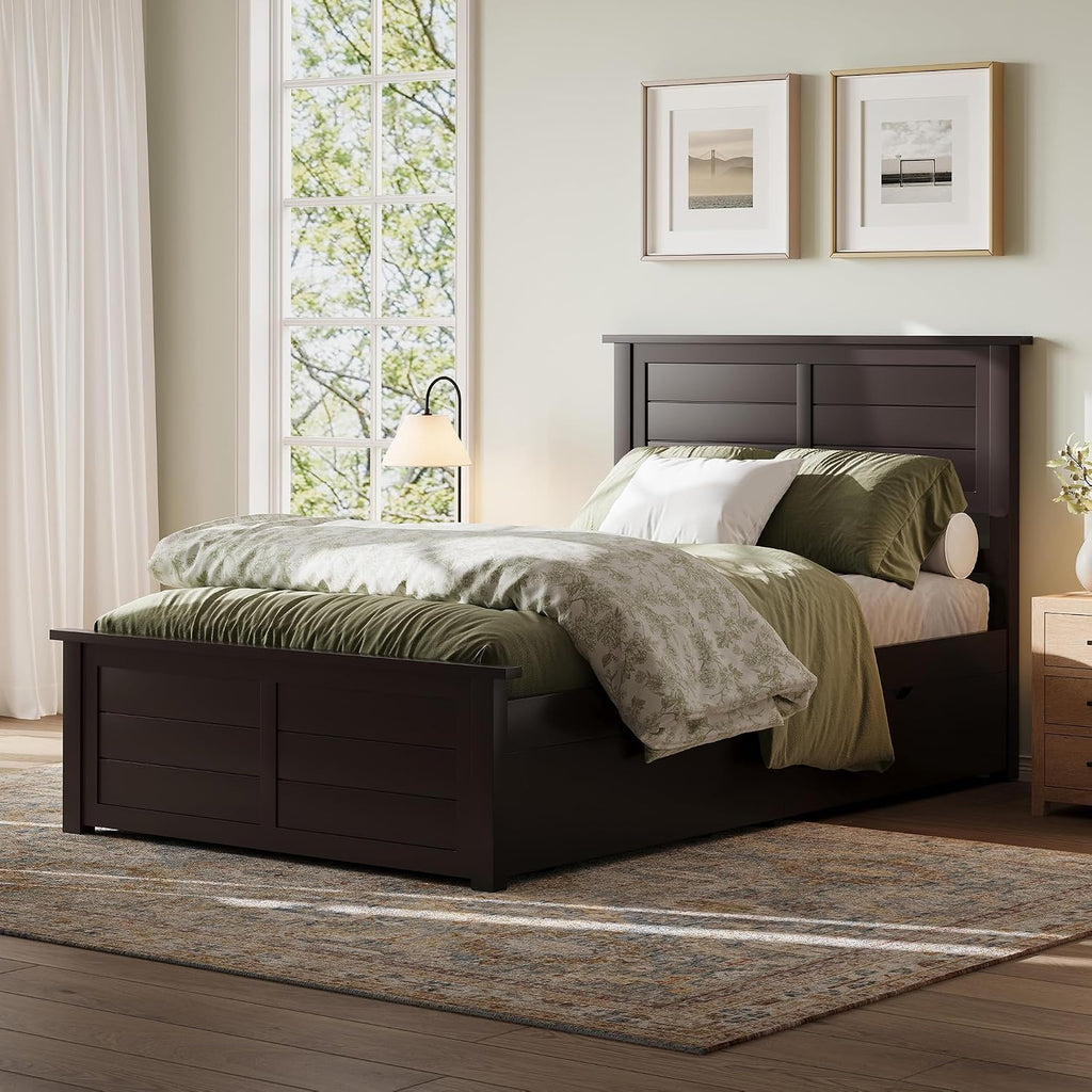 AMERLIFE Twin Bed Frame with Headboard, Platform Beds with 4 Storage Drawers, Wood Bed Frame for Bedroom, Wood Slats Support, Espresso