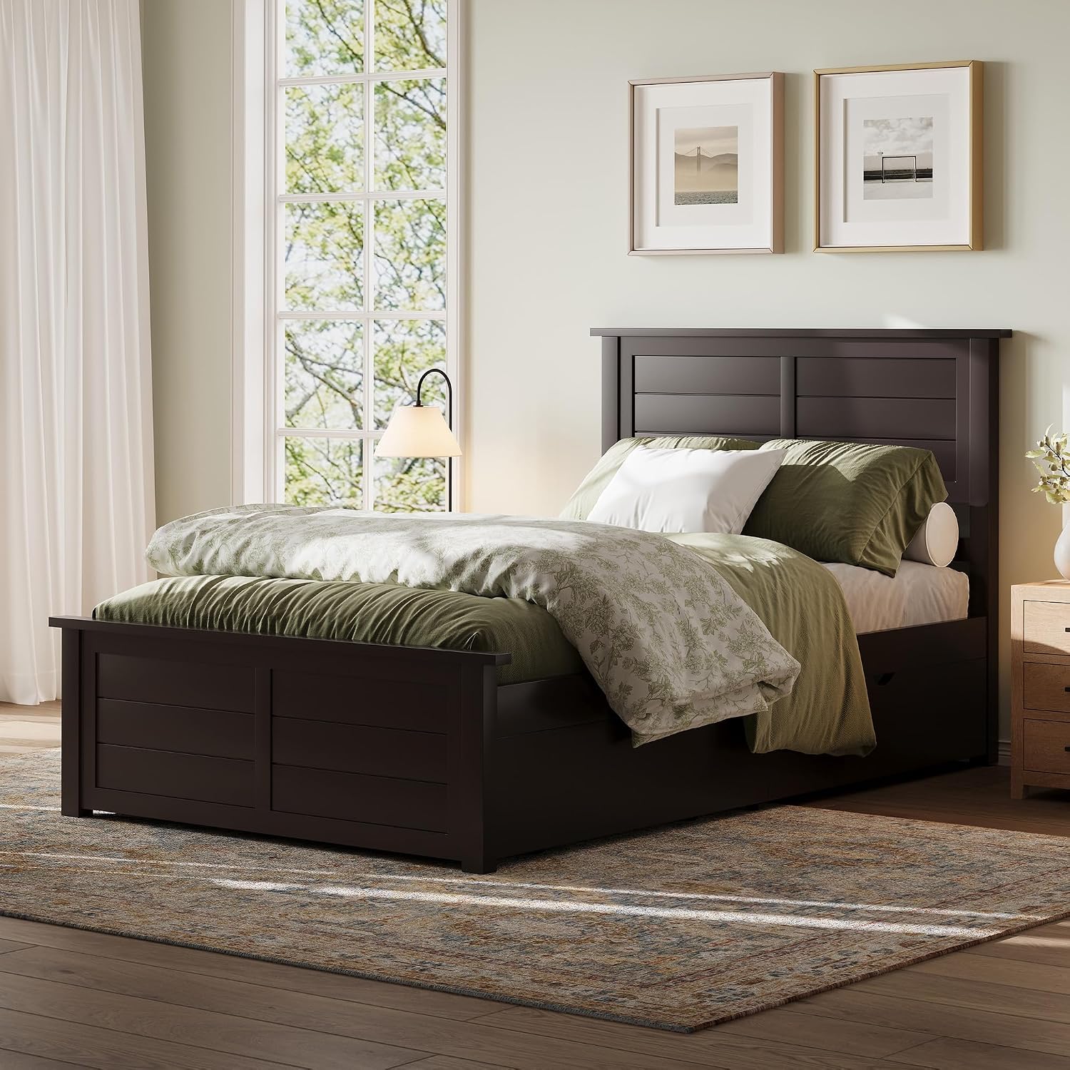 AMERLIFE Twin Bed Frame with Headboard, Platform Beds with 4 Storage Drawers, Wood Bed Frame for Bedroom, Wood Slats Support, Espresso