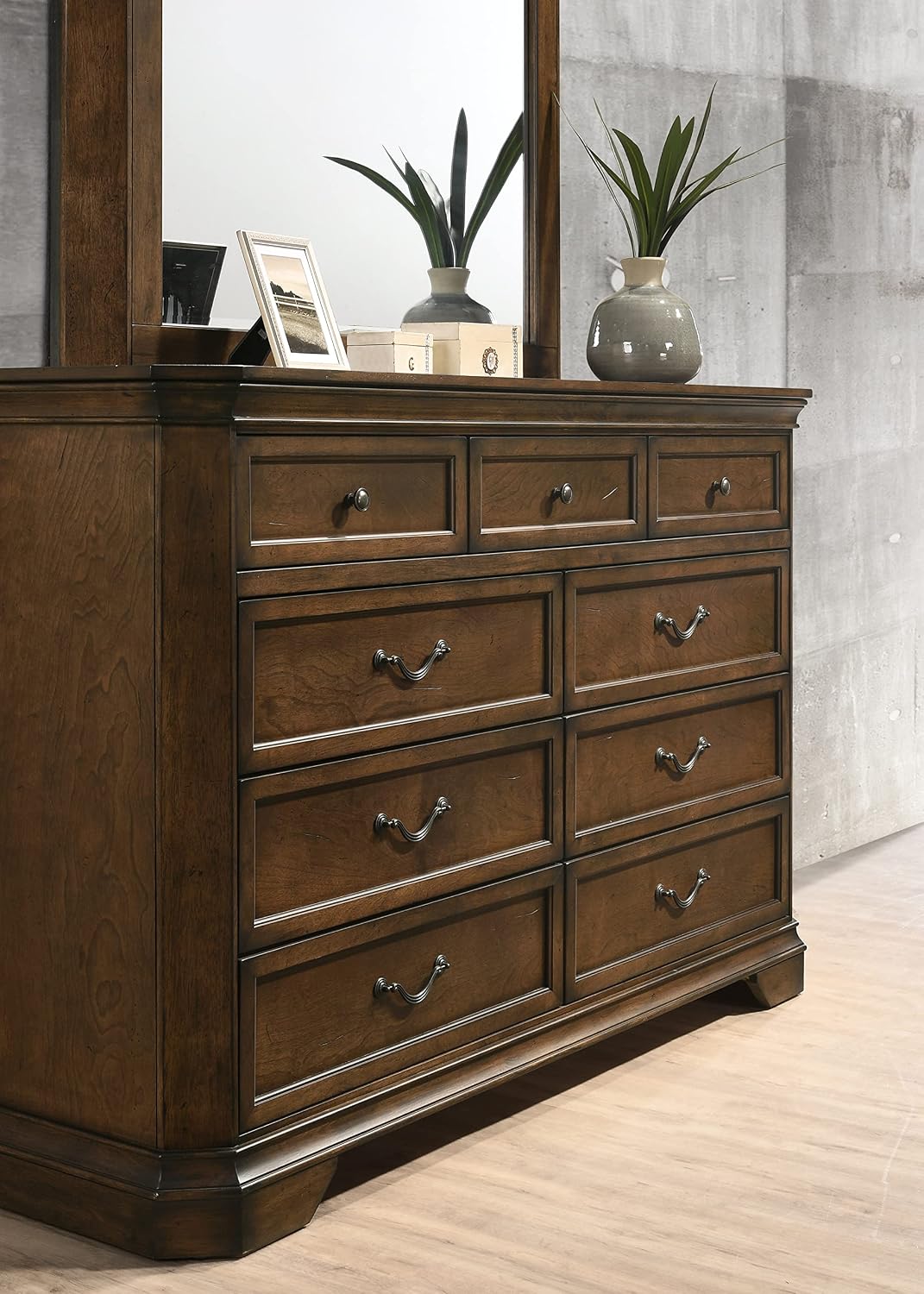 Roundhill Furniture Maderne Traditional Wood Panel Bed with Dresser, Mirror, Nightstand, Queen, Antique Walnut Finish