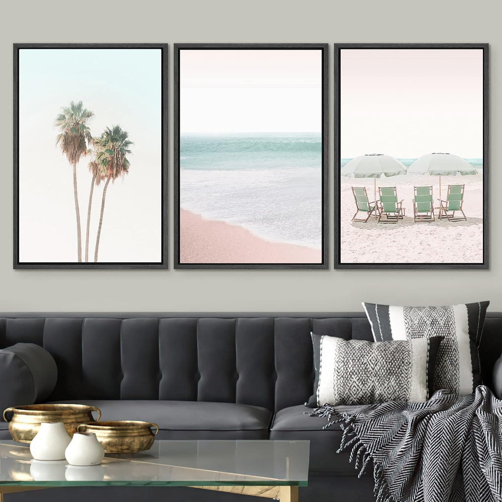 SIGNWIN Framed Canvas Print Wall Art Set Retro Vintage Pastel Tropical Island Beach Nature Wilderness Photography Modern Art Landscape Relax/Calm for Living Room, Bedroom, Office - 24'x36'x3 Black