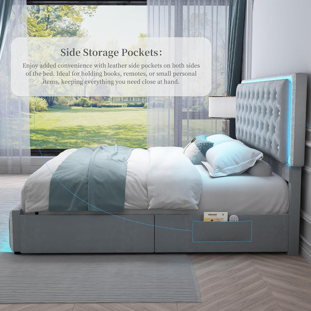 SIBEDS Queen Led Bed Frame with 2 Drawers, Storage Platform Queen Size Upholstered Bed Frames with Crystal Button Tufted Headboard, Solid Slats Support, Noise Free, No Box Spring Needed, Velvet Grey