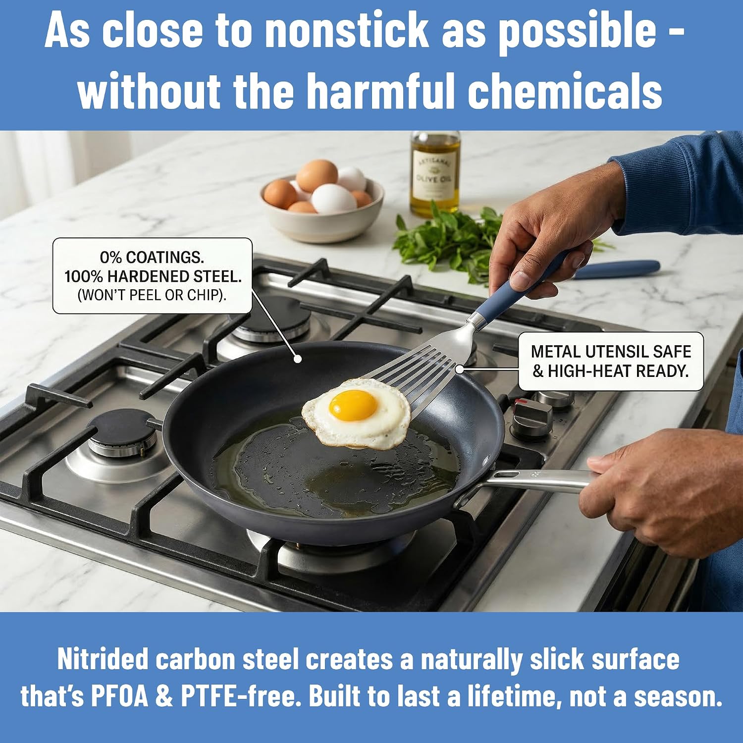 Misen Carbon Nonstick™ Skillet - Nitrided Carbon Steel - Professional Alternative to Teflon - 1100°F High Heat Ready - Easy Release - Induction, Oven, & Grill Safe - 12 Inch