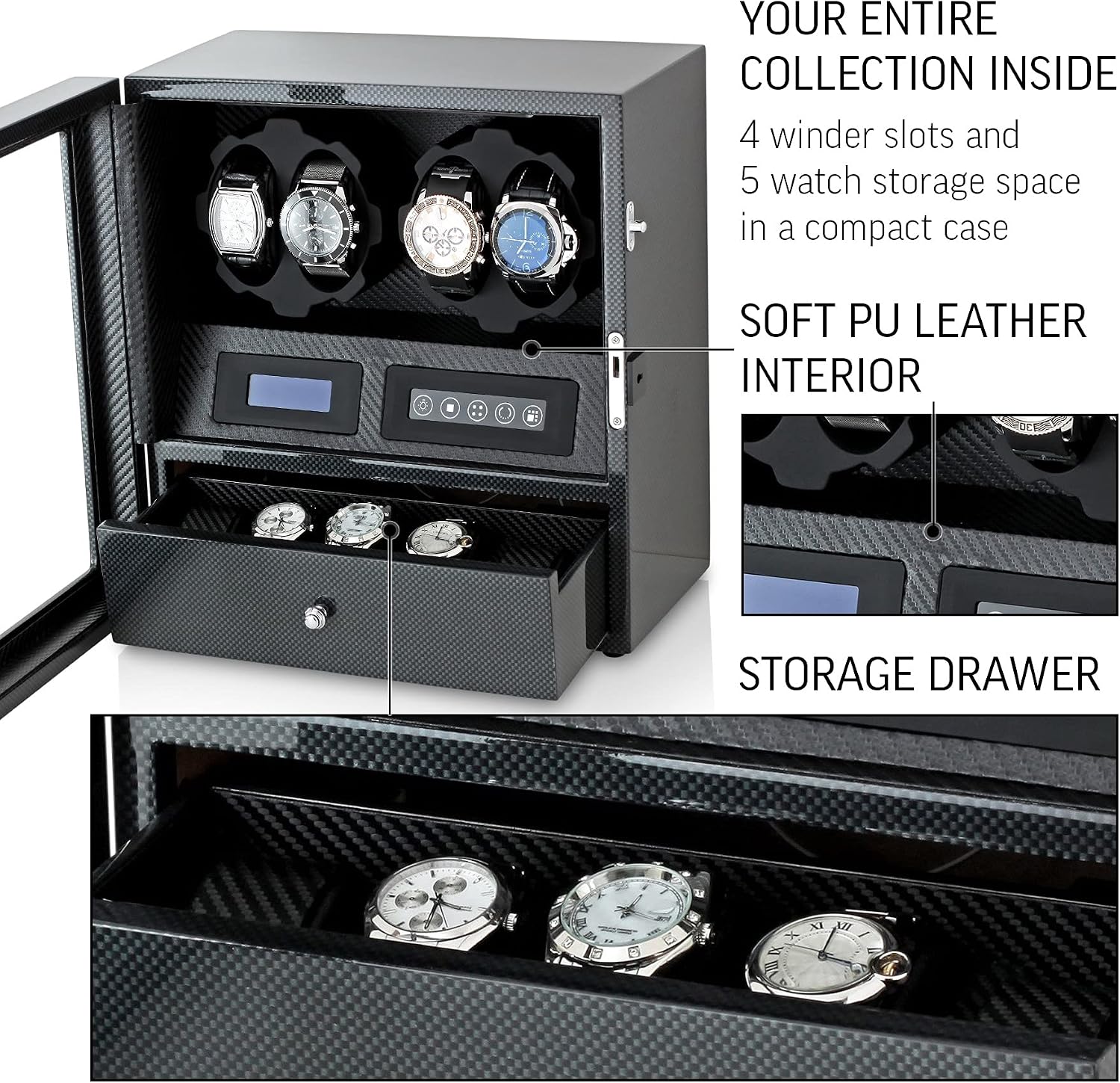 4 Watch Winder with 5 Watch Storage Space, LCD Display, Touch Control and Interior Light