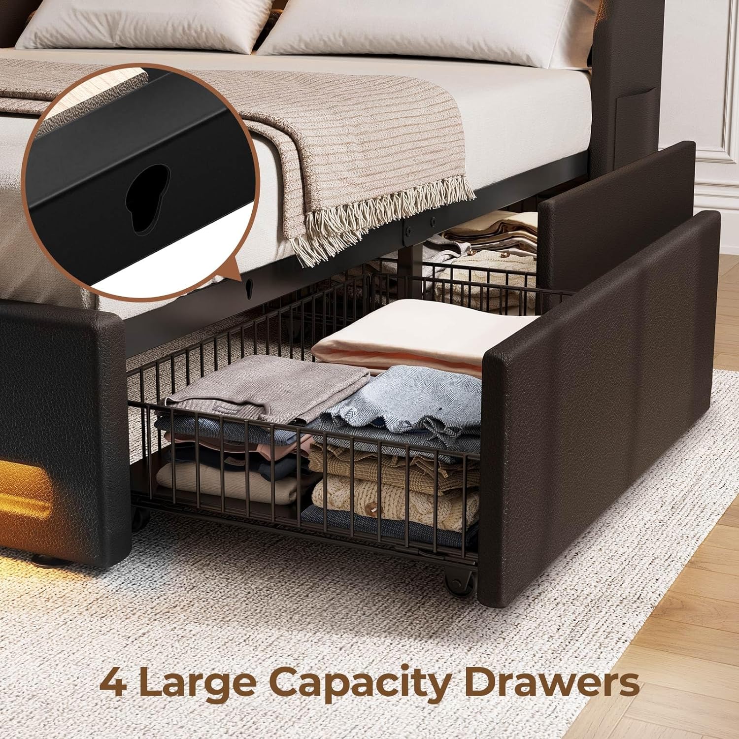 Rolanstar Queen Bed Frame with LED Lights and Charging Station, PU Leather Bed with Drawers, Wooden Slats, Noise Free, Easy Assembly, Black