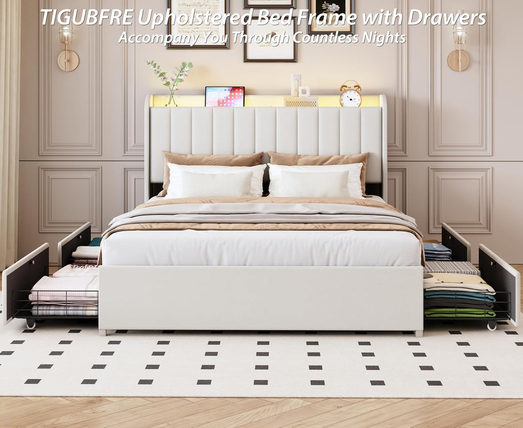 Full Bed Frame with 4 Drawers and Storage Headboard, Upholstered Platform Bed Frame Full Size with Led Lights and Handy Charging Station, No Box Spring Needed, Easy Assembly, Noise Free, Beige