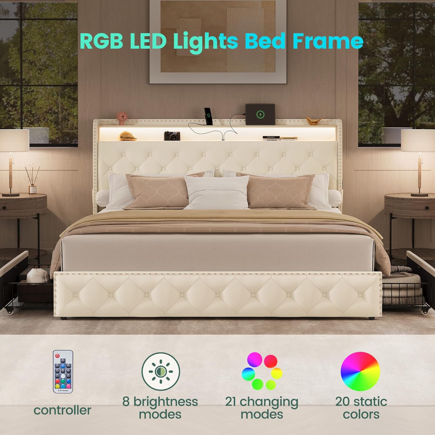 LARMACE Bed Frame King Size Platform Upholstered Bed Frame with 4 Storage Drawers Modern Velvet Tufed with Headboard USB Charging Station&Led Lights,No Box Spring Needed, Easy Assembly, Beige
