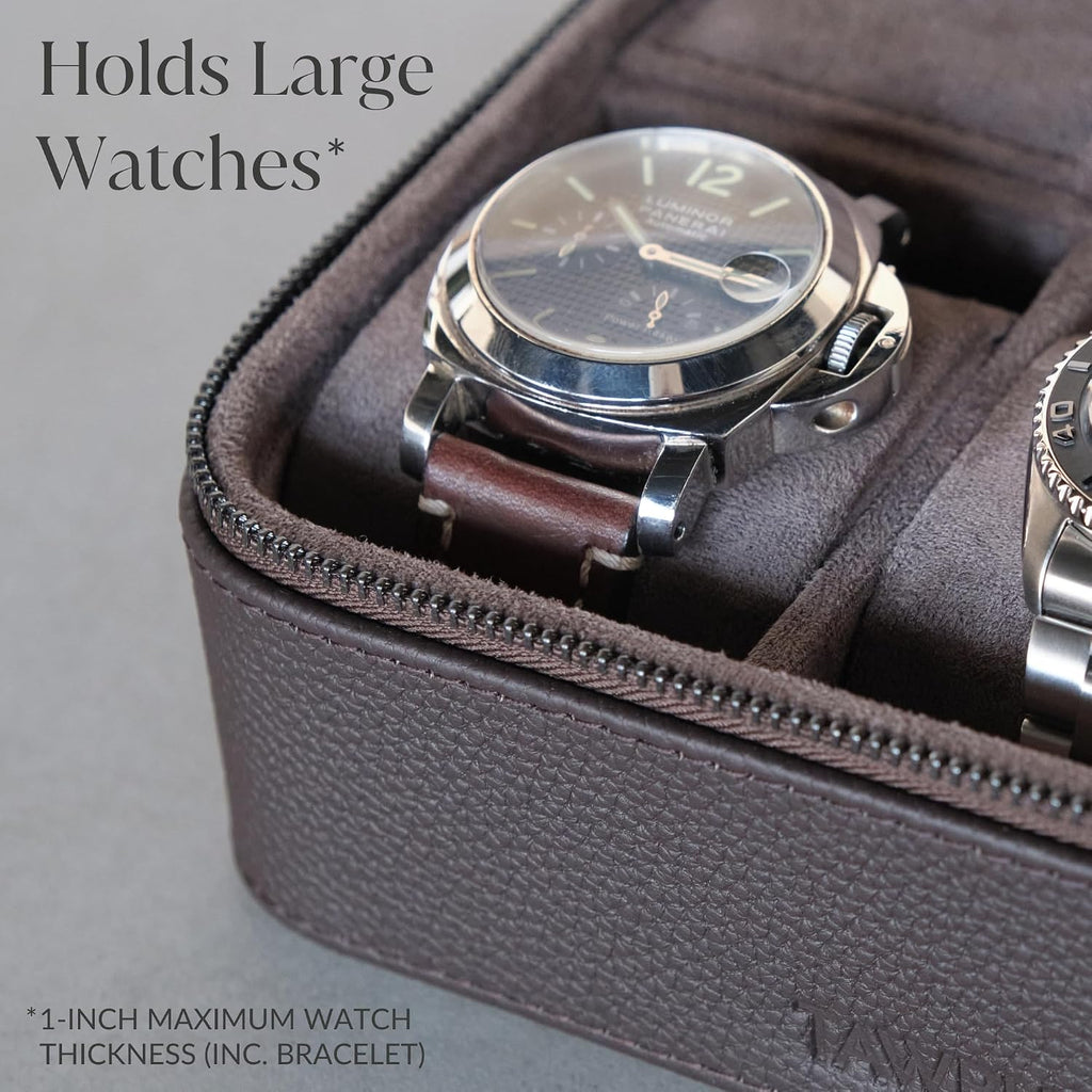 TAWBURY Watch Case - 3 Slot Genuine Top-Grain Leather Watch Travel Case for Men & Women with Metal Zipper and Extra Wide Pillows for Large Watches (Brown)