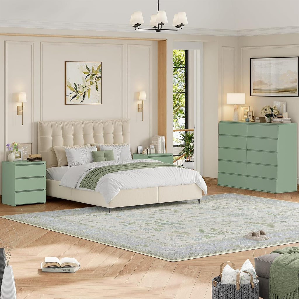 FOTOSOK Bedroom Set, 5 Drawer Dresser and Nightstand Sets for Bedroom, 3 Piece Bedroom Set, Night Stand Set of 2 & White Dresser Set, Chest of Drawers Storage Cabinet Set, Green