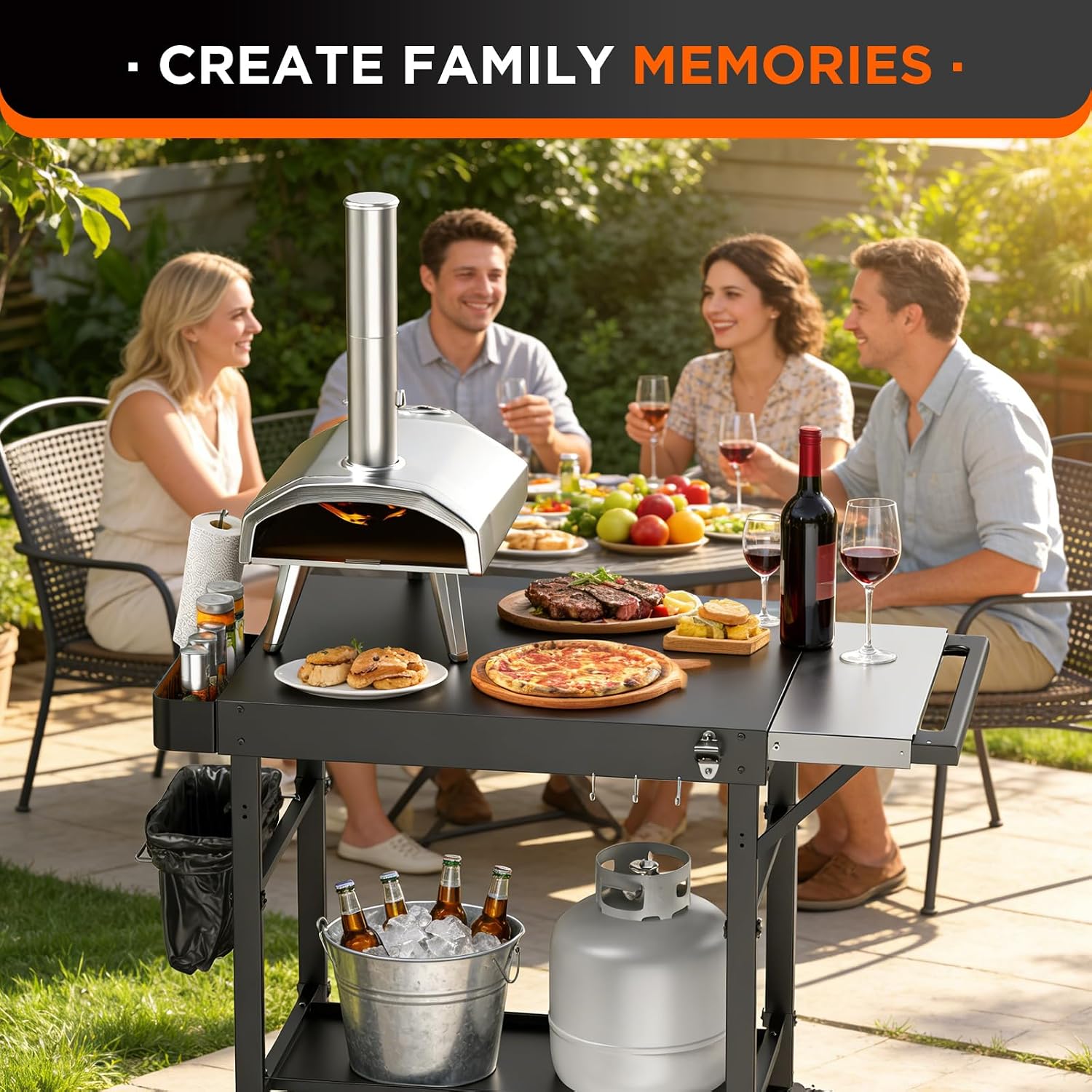 EUTRKei Pizza Oven Table with Topping Station - 45' x 29' Outdoor Grill Cart for Ooni, Ninja, Gozney, Solo Stove, Heavy Duty 450lbs Capacity, Grill Table with Extendable Desk for Tailgating Backyard