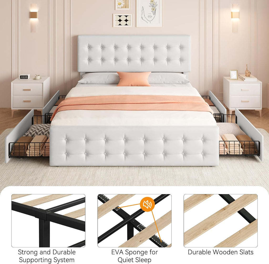 IDEALHOUSE King Size Bed Frame with 4 Storage Drawers and Headboard, Faux Leather Upholstered Platform Bed Frame with Wooden Slats Support, Button Tufted Design, No Box Spring Needed, White