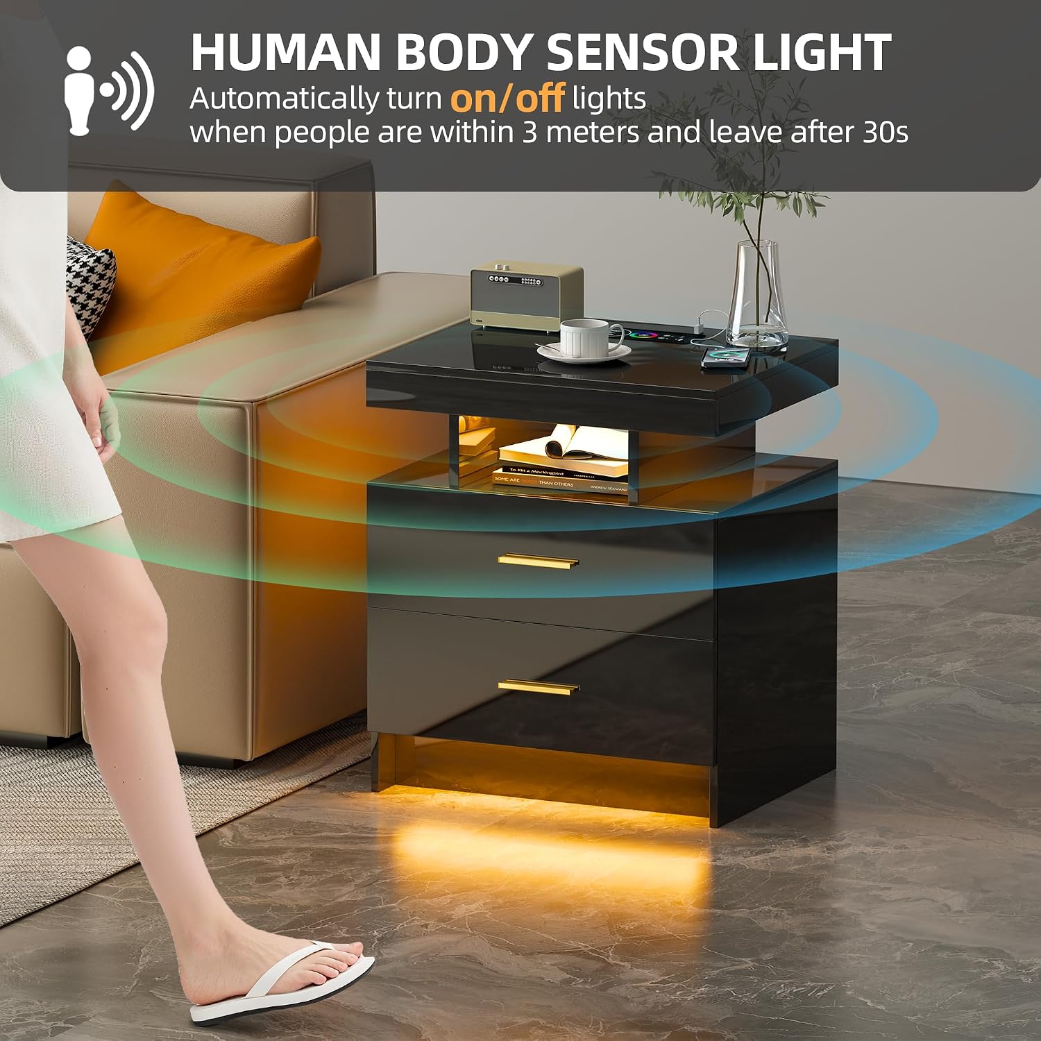 Lvifur Smart Nightstand Set of 2 - LED Night Stand with RGB Lights, Modern Bedside Table with Charging Station for Bedroom, Glossy End Table with Human Body Induction (Black)