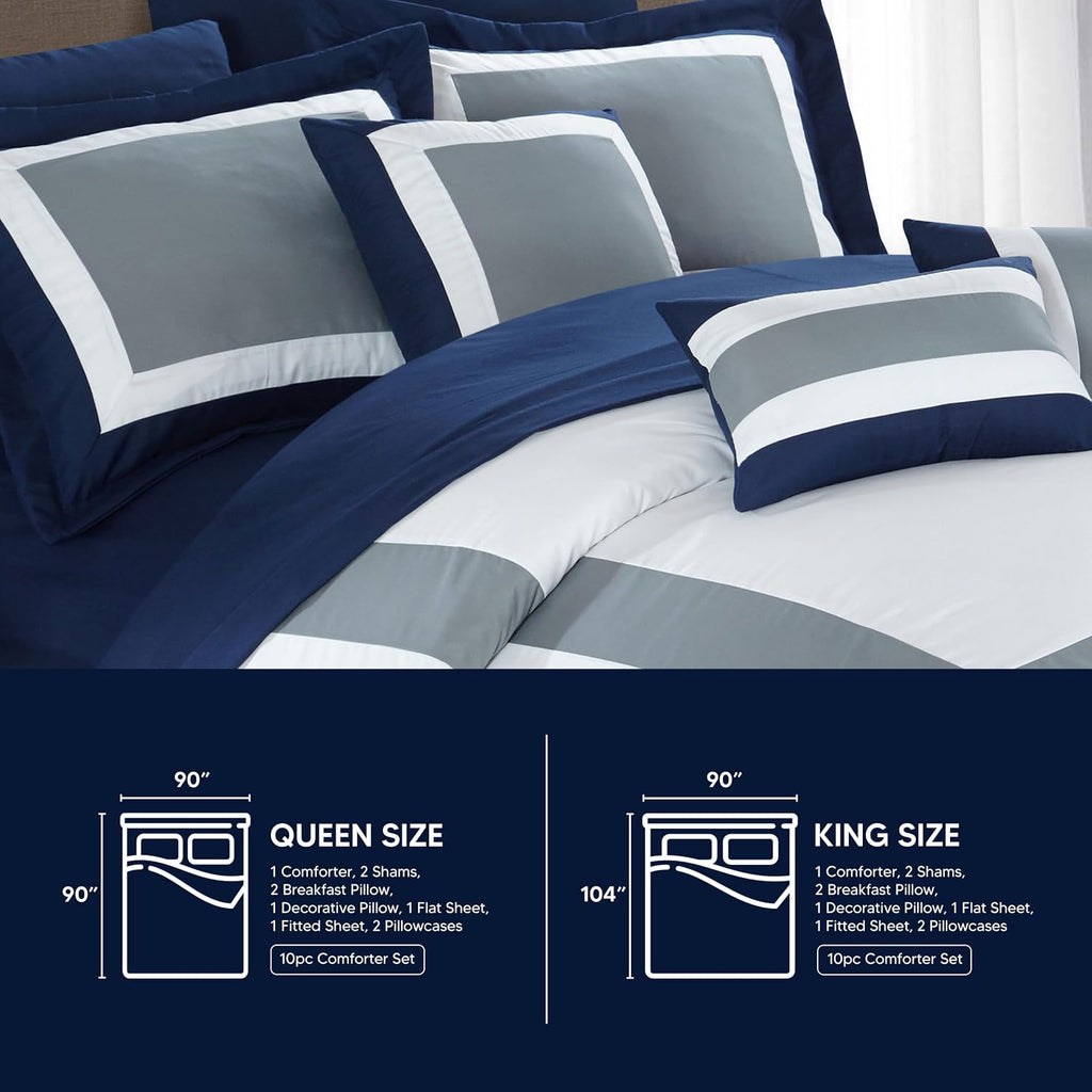 Chic Home Duke Queen Comforter Set 10-Piece, Colorblocked Queen Size Comforter Set with 2 Shams, 3 Pillows and Bedding Set Queen (Navy)