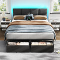 Furnulem Queen Bed Frame with Adjustable Headboard, Upholstered Bed with 2 Storage Drawers, Built-in USB Charging Station & LED Lights, Platform Bedframe with Metal Slats, No Spring Box Needed, Grey