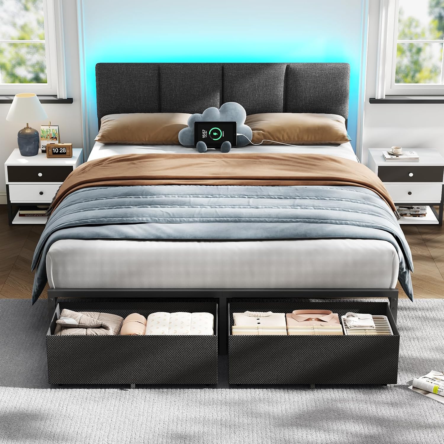 Furnulem Queen Bed Frame with Adjustable Headboard, Upholstered Bed with 2 Storage Drawers, Built-in USB Charging Station & LED Lights, Platform Bedframe with Metal Slats, No Spring Box Needed, Grey