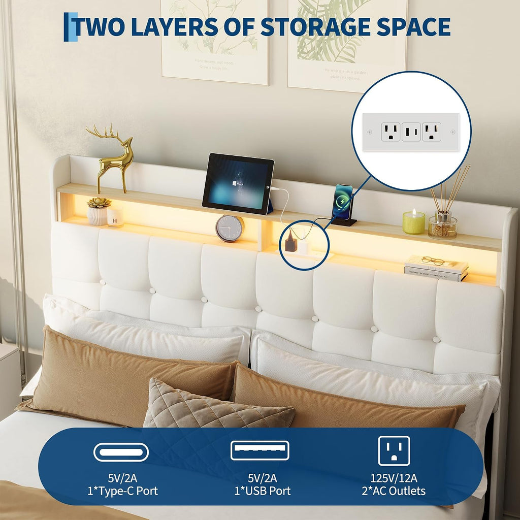 Garvee Full Size Bed Frame with 2 Storage Drawers, Upholstered Bed Frame Full with LED Light, Double-Layer Bedside Headboard with Charging Socket and USB Port, Soft Plush Fabric, White