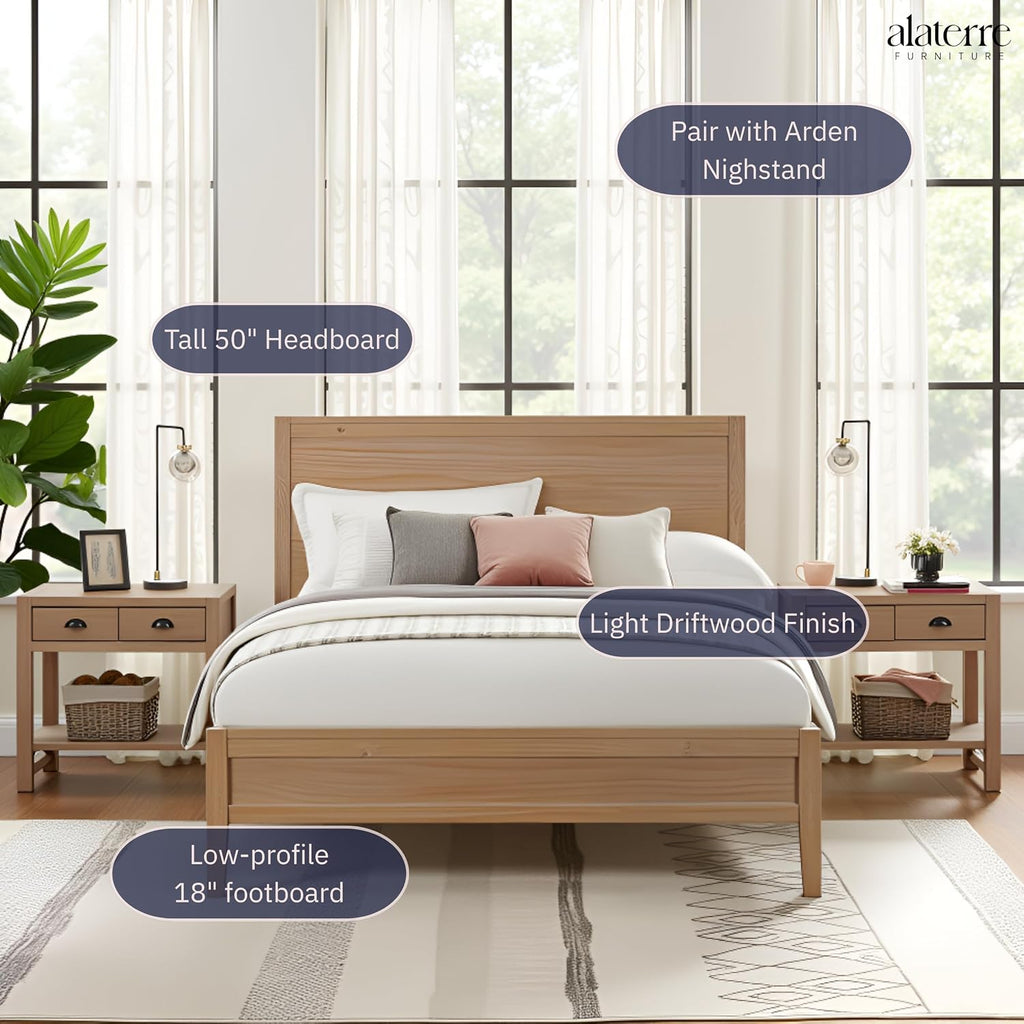 Alaterre Furniture Arden Queen Platform Bed Frame – Solid Wood, Modern Rustic Boho Style, Sturdy Slat Support, No Box Spring Needed, 65' W x 86' D x 50' H (Light Driftwood Finish)