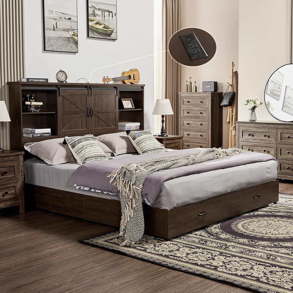 VanAcc Queen Size Bed Frame, Wooden Platform Storage Bed with 51.2' Bookcase Headboard, 2 Drawers, Charging Station/No Box Spring Needed/Noise Free(Brown)