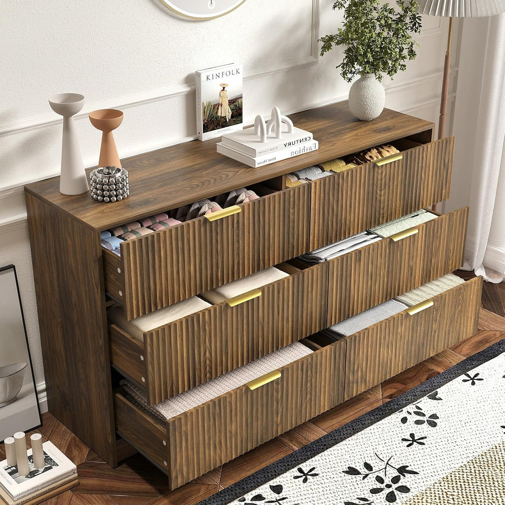 3-Piece Modern Bedroom Furniture Set, Wide 6-Drawer Dresser & 1-Drawer Nightstands Set of 2, Natural Wood Dresser and Nightstand Sets for Bedroom, Hallway, Walnut