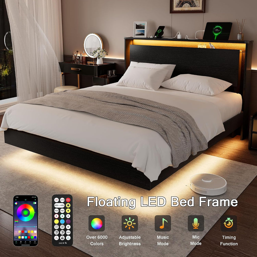 Einhomn Full Size Bed Frame with LED Lights & Charging Station – Kids Wood Floating Bed Frame with Storage Headboard, Adhesive Slats, Kick-Free & Noise-Free Design, Easy Assembly, Black