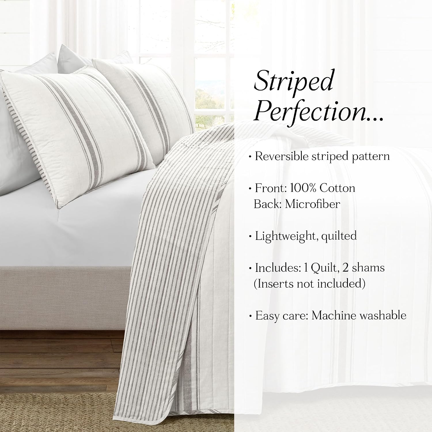 Lush Decor Farmhouse Stripe Reversible Cotton Quilt California King Size 3 Piece Set Gray - Farmhouse Bedding Set - Cal King Quilt - Striped Bedding