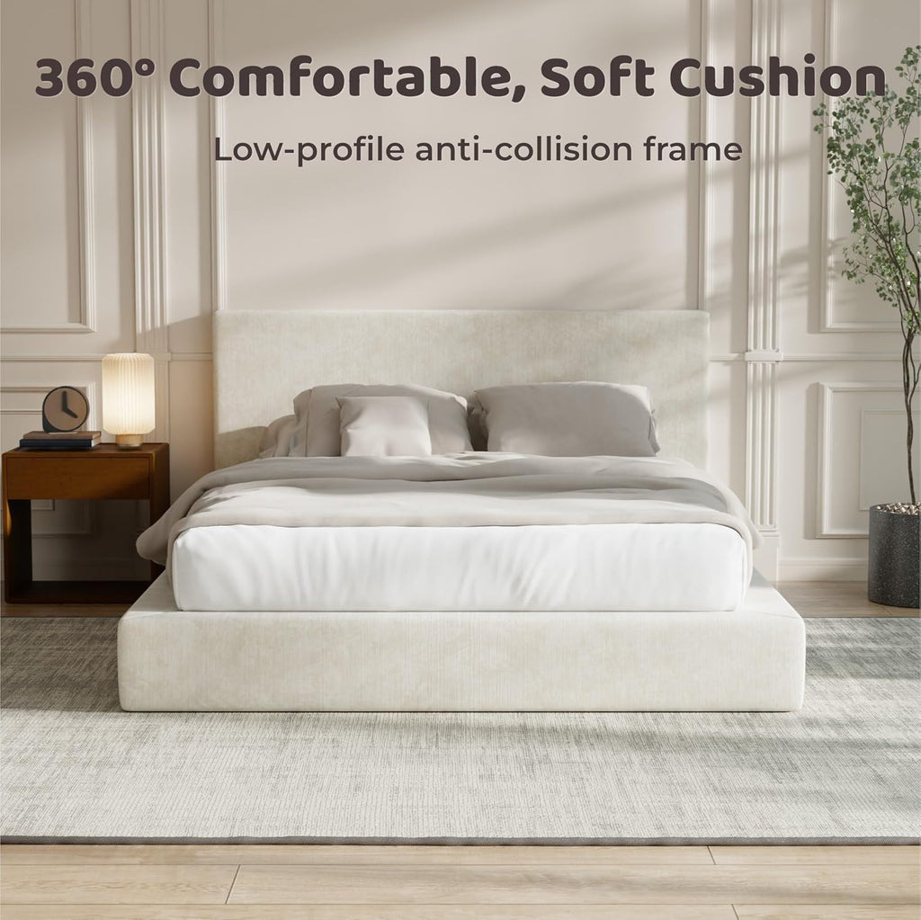 RECCI AirFrame King Size Bed Frame with Headboard, Cloud Upholstered Platform Bed Frame, 5 Inch Foam Cushioned, No Box Spring, Easy Assembly(Beige Chenille)