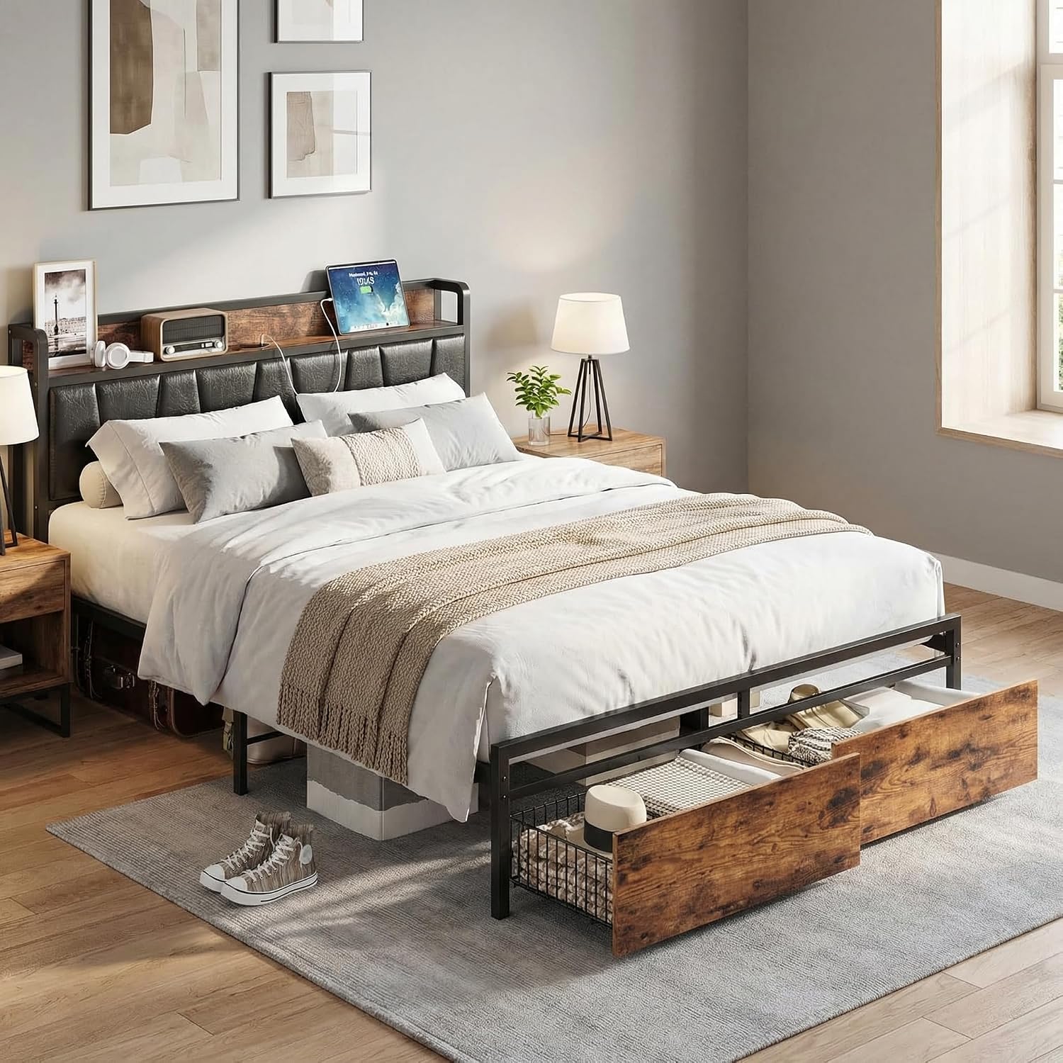 LIKIMIO Full Size Bed Frame, Storage Headboard with Charging Station, Platform Bed with Drawers, No Box Spring Needed, Easy Assembly, Industrial Brown and Black