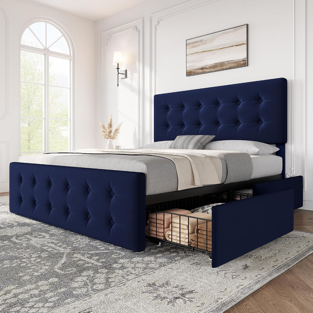 IDEALHOUSE Queen Size Bed Frame with 4 Storage Drawers and Headboard, Velvet Upholstered Platform Bed Frame with Wooden Slats Support, Button Tufted Design, No Box Spring Needed, Blue