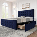 IDEALHOUSE Full Size Bed Frame with 4 Storage Drawers and Headboard, Velvet Upholstered Platform Bed Frame with Wooden Slats Support, Button Tufted Design, No Box Spring Needed, Blue