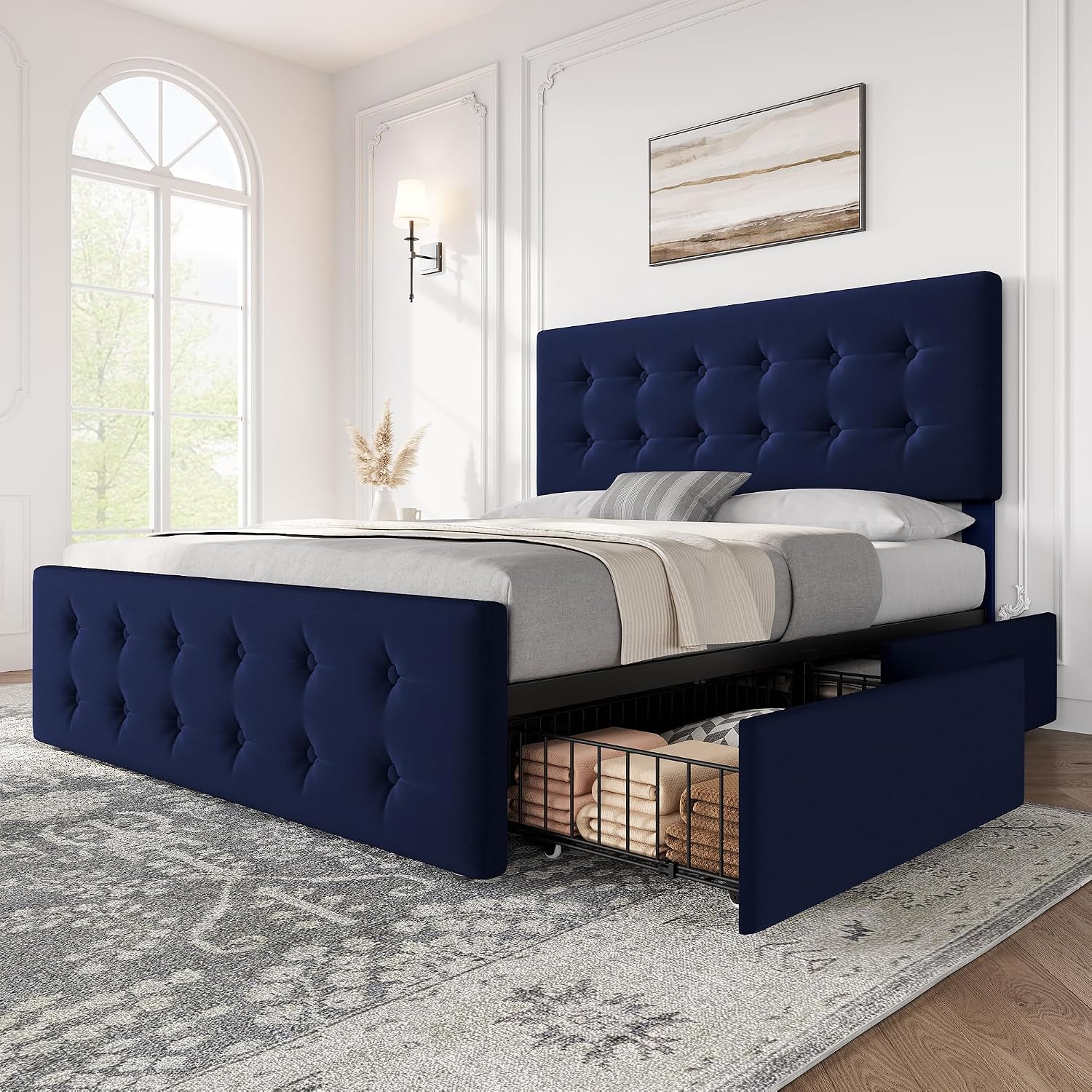 IDEALHOUSE Full Size Bed Frame with 4 Storage Drawers and Headboard, Velvet Upholstered Platform Bed Frame with Wooden Slats Support, Button Tufted Design, No Box Spring Needed, Blue