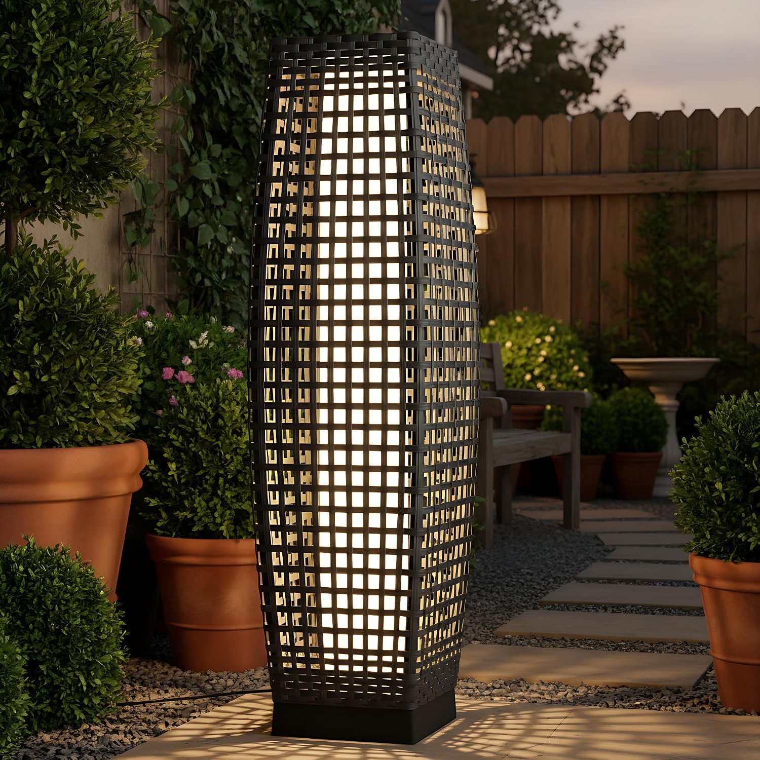 Grand Patio 2-Piece Outdoor Solar Floor Lamps, Wicker Lantern Lights, Water-Resistant Patio Lighting for Deck, Garden & Porch, Large Fuji, Silver Gray