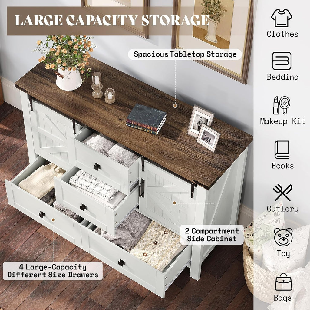 AMERLIFE 4-Piece Farmhouse Bedroom Set in Distressed White, Full Size Bed Frame with Bookcase Headboard, 5-Drawer Tall Dresser, 47'' Dresser with 4 Drawers, 60' Dresser with 4 Drawers